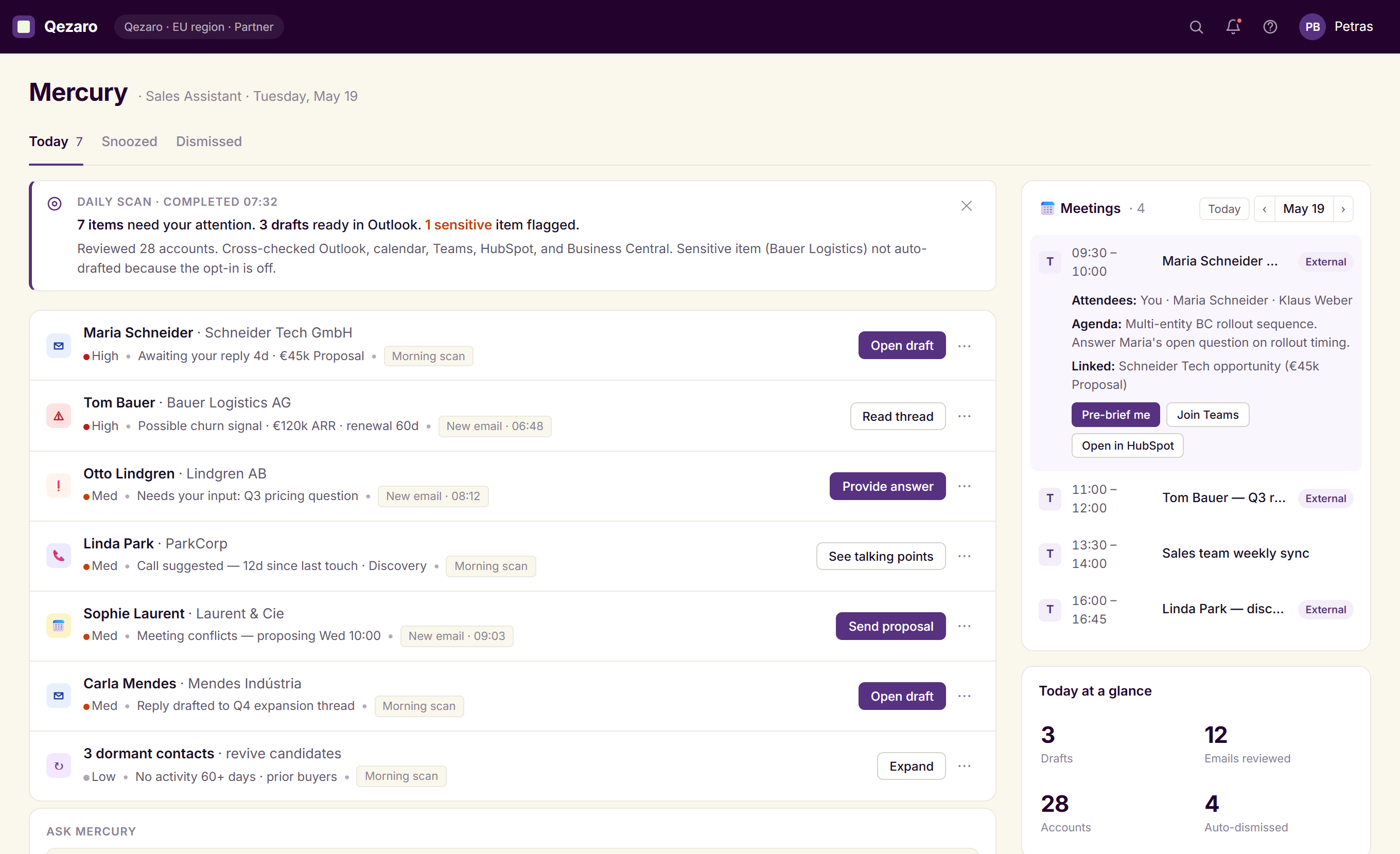 Mercury dashboard: a ranked morning list with reply drafts ready, a flagged churn signal, meeting pre-briefs, and daily stats